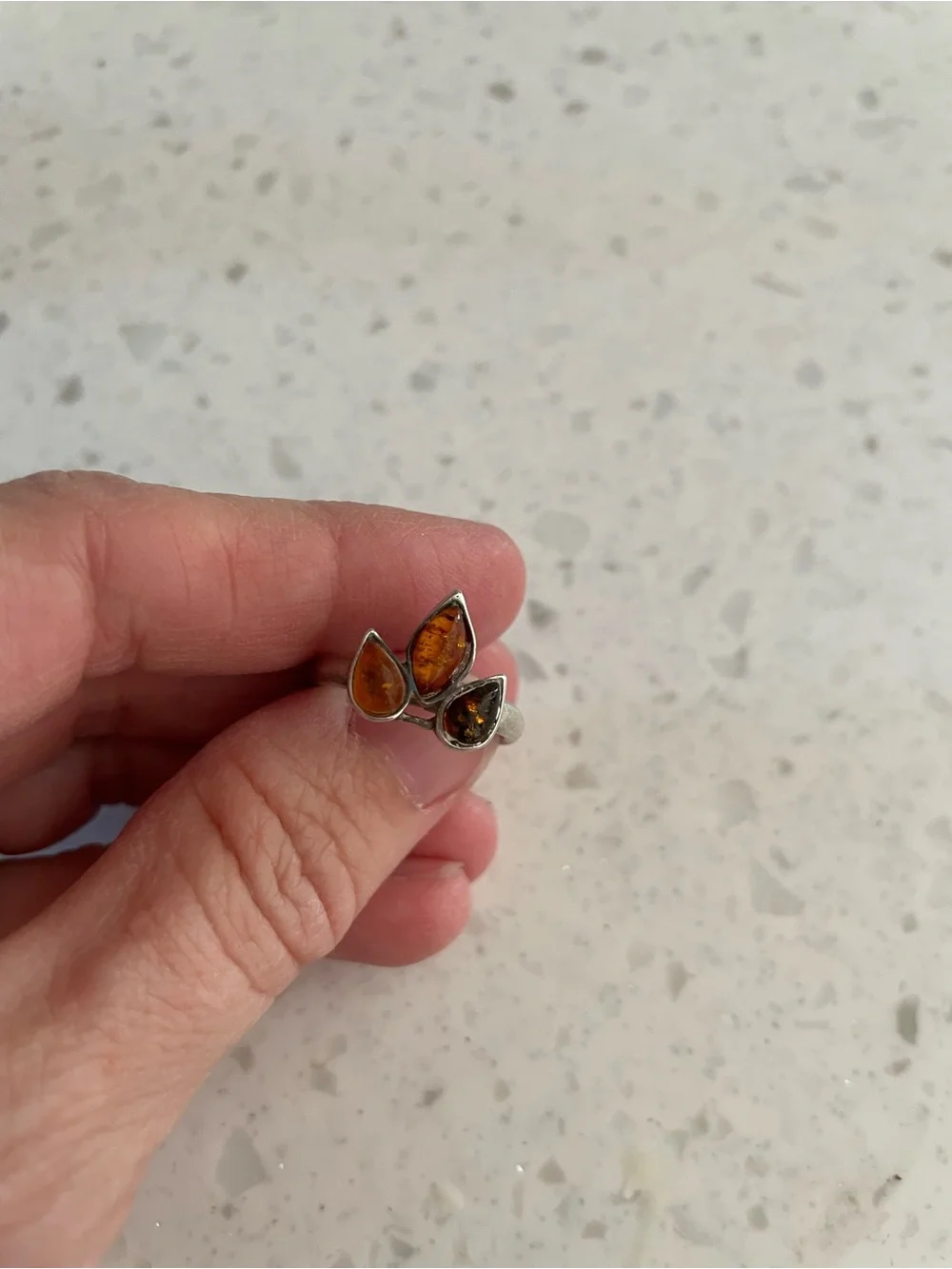 Vintage Sterling Silver (925) Tri-Color Baltic Amber Teardrop Ring Size 6